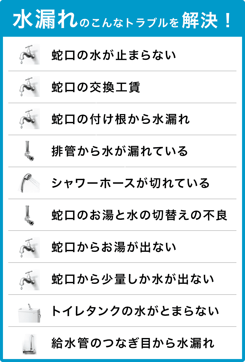 蛇口の水が止まらない・蛇口の交換・蛇口の付け根から水漏れ・配管から水が漏れている・シャワーホースが切れている・蛇口のお湯と水の切り替えの不良・蛇口からお湯が出ない・蛇口から少量しか水が出ない・トイレタンクの水が止まらない・給水管のつなぎ目から水漏れ 堺市南区